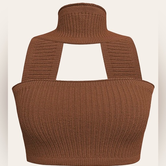 Womens|Knit Halter Crop Top|Brown|Medium M|Medium M|Stretch|Sleeveless - Picture 4 of 9